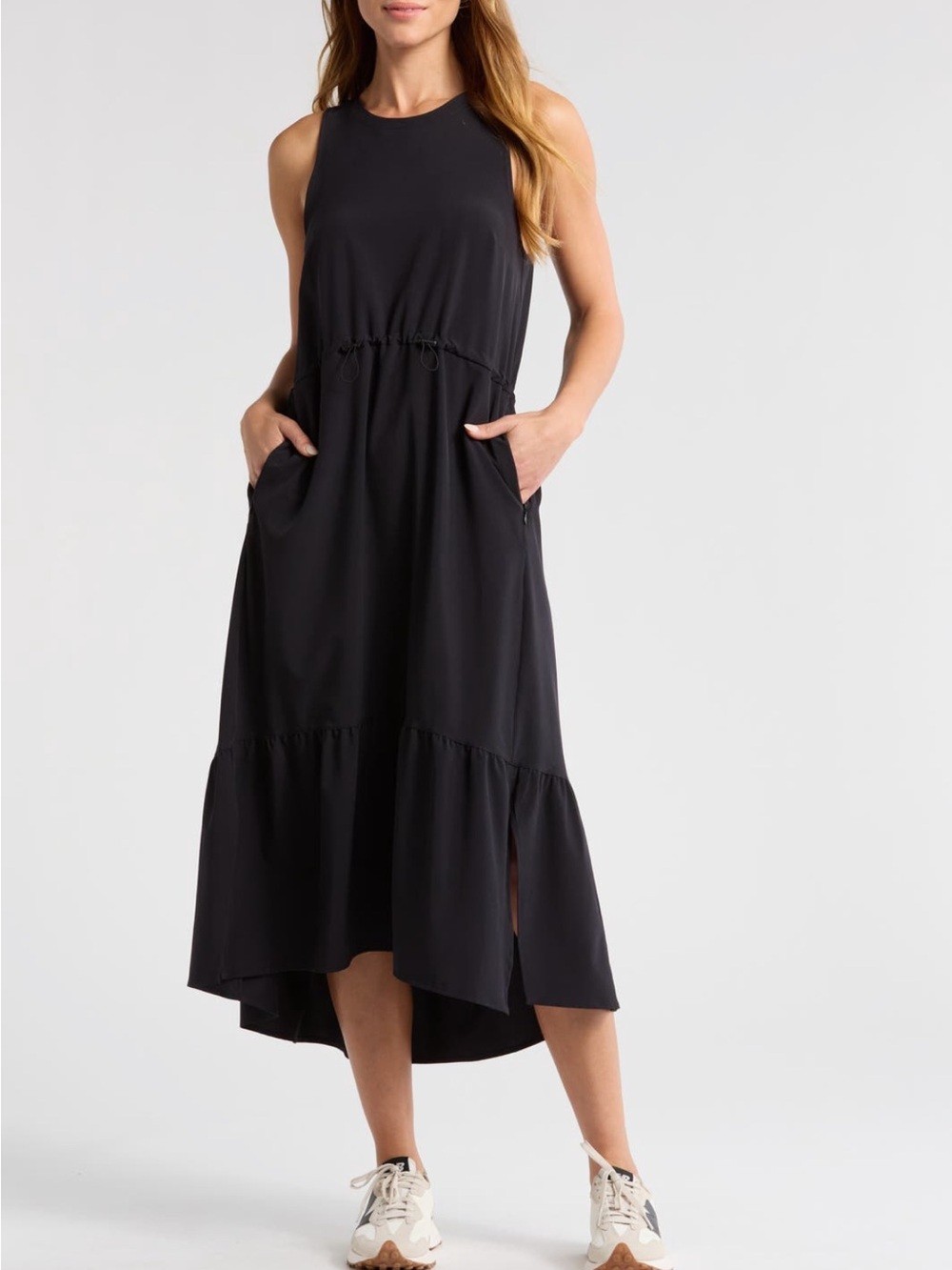 Zella Black Sleeveless Midi Drawstring Waist Dress